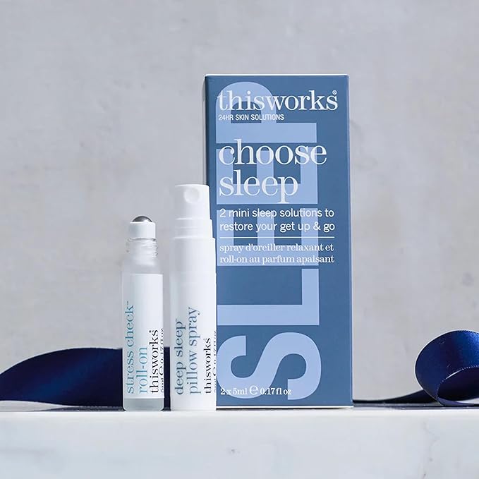 thisworks Choose Sleep Travel Kit, The Deep Sleep Pillow Mini Spray and Aromatherapeutic Roller Ball Infused with Eucalyptus, Frankincense & Lavender Essential Oils, 2x5ml-Velvo Beauty