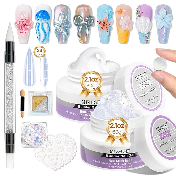 MIZHSE 2PCS 60g Clear and White Solid Builder Gel for Nails, 3D Sculpting Gel for Nail Art with Gold Silver Chrome Powder Nail Form Molding Builder Gels Kit for Women Home DIY Manicure-Velvo Beauty
