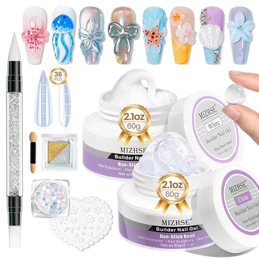 MIZHSE 2PCS 60g Clear and White Solid Builder Gel for Nails, 3D Sculpting Gel for Nail Art with Gold Silver Chrome Powder Nail Form Molding Builder Gels Kit for Women Home DIY Manicure-Velvo Beauty