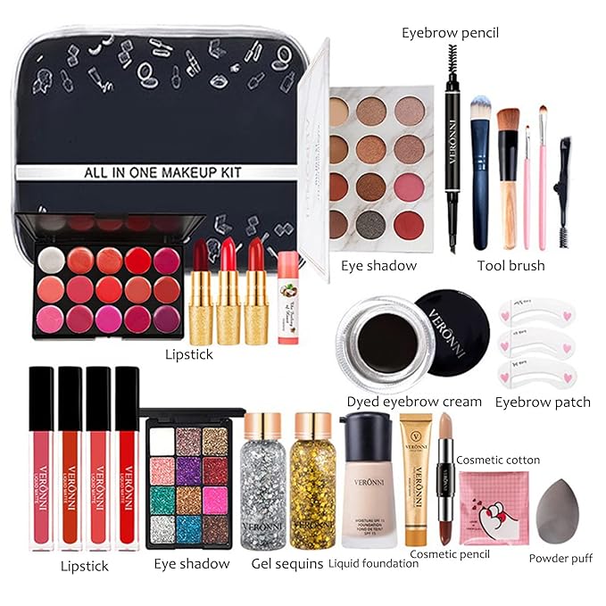 All-in-One Makeup Gift Set Carry All Makeup Kit Women Full Kit With Makeup Bag Concealer Lipgloss Lipstick Blush Foundation Face Powder Eyeshadow Palette Cosmetic Palette #5-Velvo Beauty
