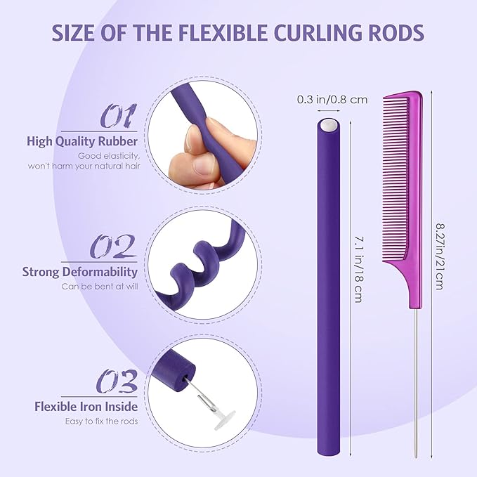 Syhood 30 Pcs 7'' Flexible Curling Rods Twist Foam Hair Rollers Soft Foam No Heat Hair Rods Rollers and 1 Steel Pintail Comb Rat Tail Comb for Women Long Short Hair(Purple,7 x 0.3 Inch)-Velvo Beauty