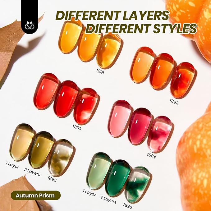 Beetles Jelly Gel Nail Polish Set - 6 Colors Yellow Orange Burgundy Red Purple Green Fall Gel Polish Kit Sheer Translucent Effect Soak off UV Nail Art Autumn Prism Series Manicure Gift for Women-Velvo Beauty