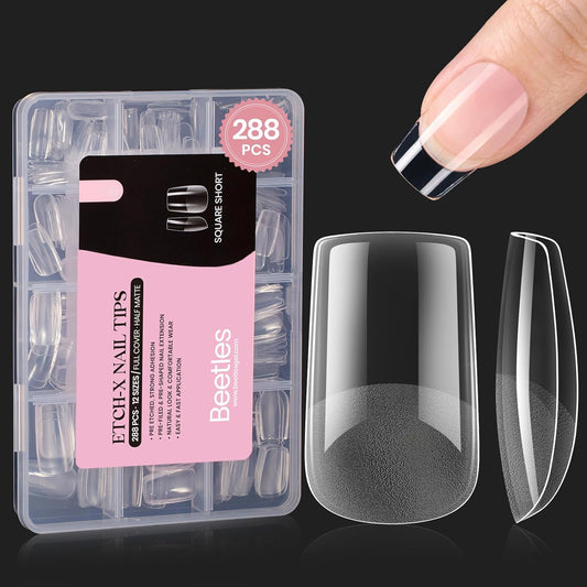 Beetles Short Square Gel Nail Tips 12 Sizes 288 PCS Half Matte Full Cover False Nails Clear Acrylic Nails Glue on Nails for Girls Women DIY Nail Extension-Velvo Beauty