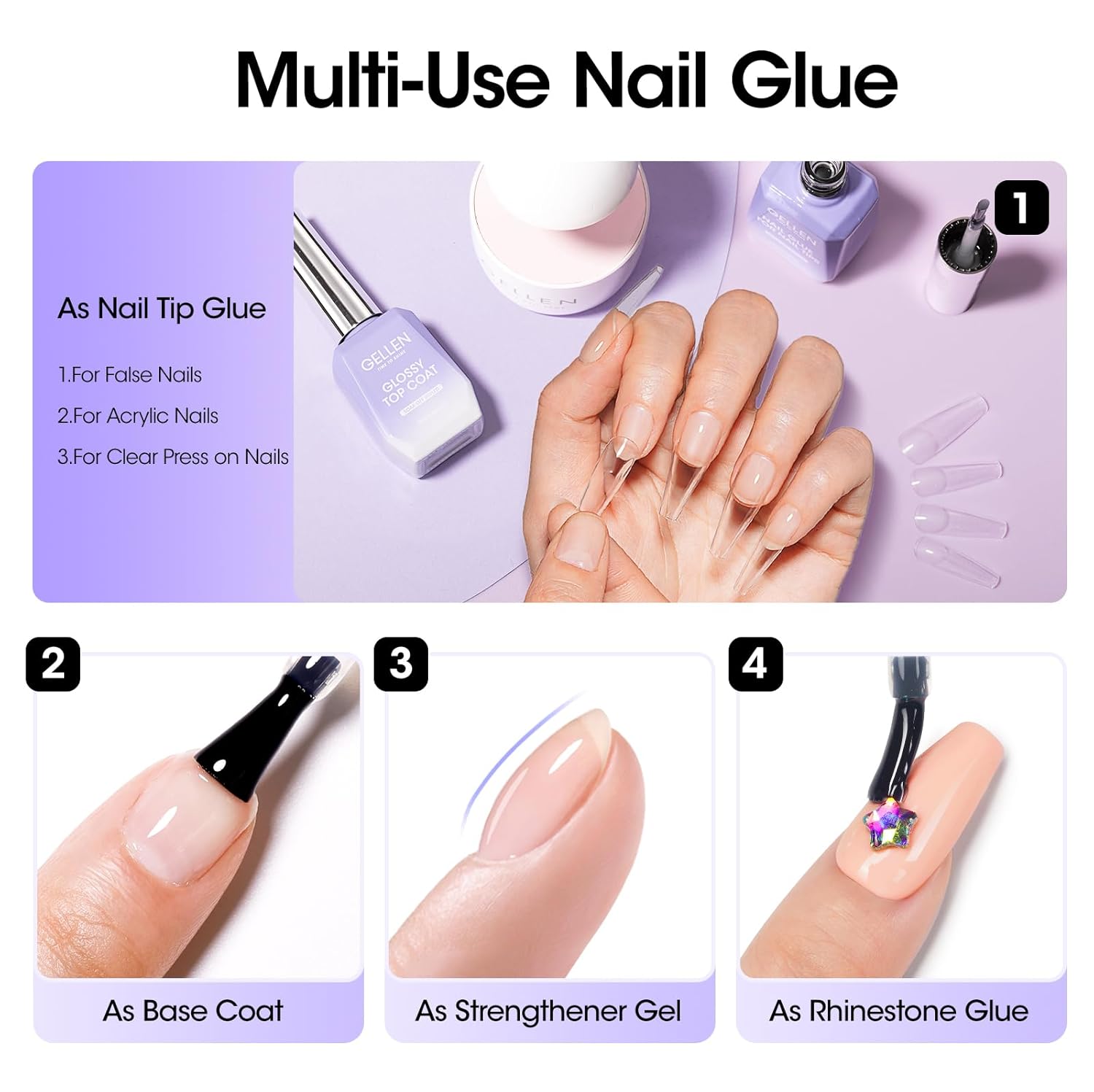 Gellen 18ML Nail Glue Gel and Nail Prep Dehydrator, 4 in 1 Soak Off LED UV Glue for False & Acrylic & Clear Press on Nails, Long Lasting for 28+ Days-Velvo Beauty