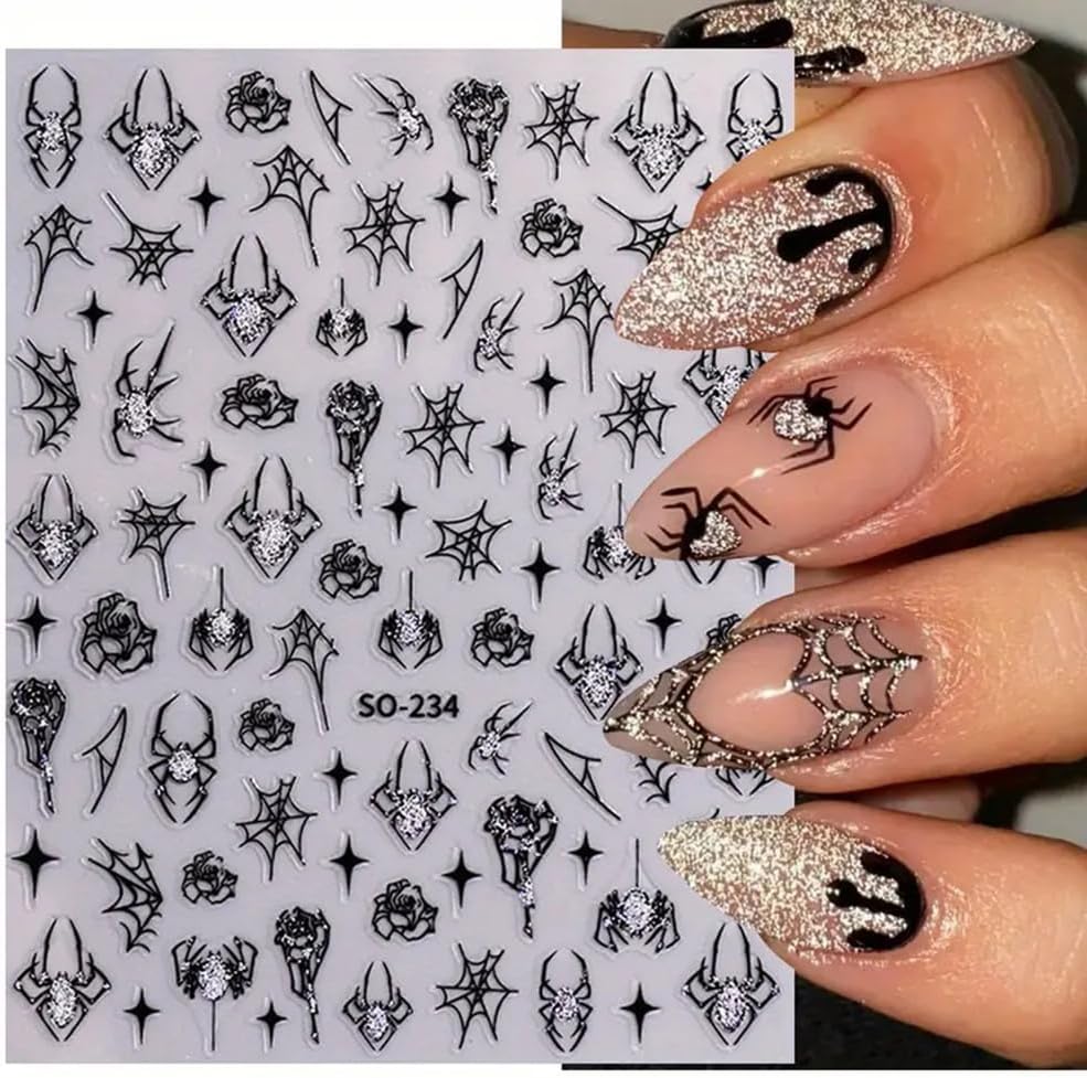 6Sheets Halloween Nail Art Stickers Decals, 3D Spider Nail Sticker Halloween Nail Decoration Self-Adhesive Black Red Silver Glitter Star Spider Web for Nails Stickers DIY Manicure Art Decoration-Velvo Beauty
