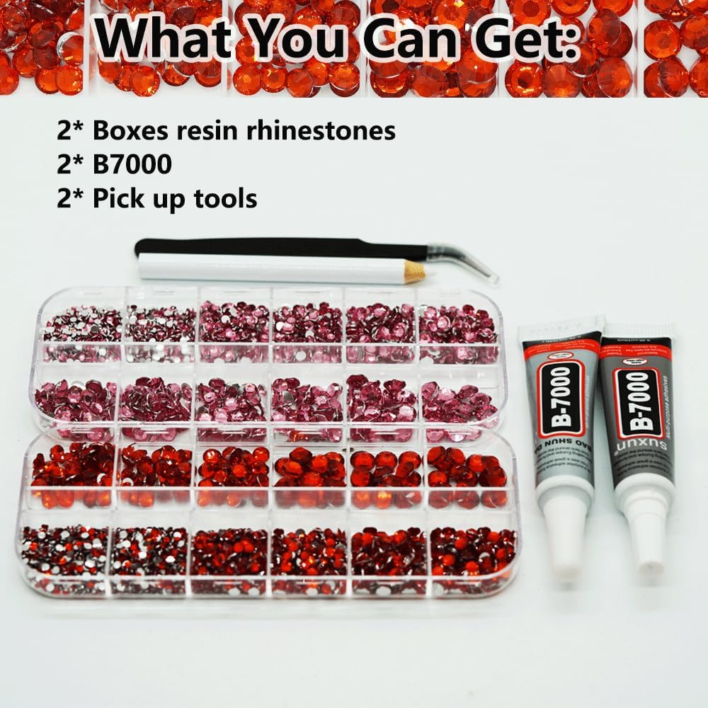 Pink and Red Rhinestones with Glue(S8-S30) for Bedazzling,2mm-6mm Non-Hotfix Flatback Nail Gems Beads with B7000, Resin Nail GemsStones Diamond Kit for Bedazzle Crafting, Nails DIY Art Decoration-Velvo Beauty