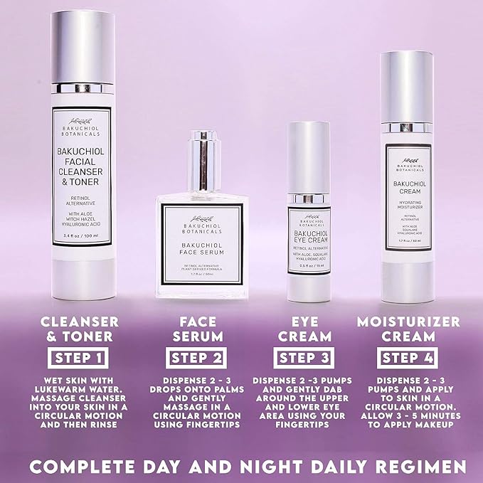 Bakuchol Botanicals Gift Set with Travel Case, Includes Face Serum, Toner & Cleanser All-in-One, Eye Cream, Moisturizer-Velvo Beauty