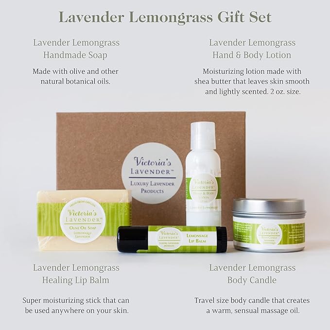 Victoria's Lavender Natural Body Products Gift Set - Handmade Soap, Hand & Body Lotion, Lip Balm, Body Candle Skin Care Sets & Kits, Lavender Bath and Body Products for Women, Lavender Lemongrass-Velvo Beauty