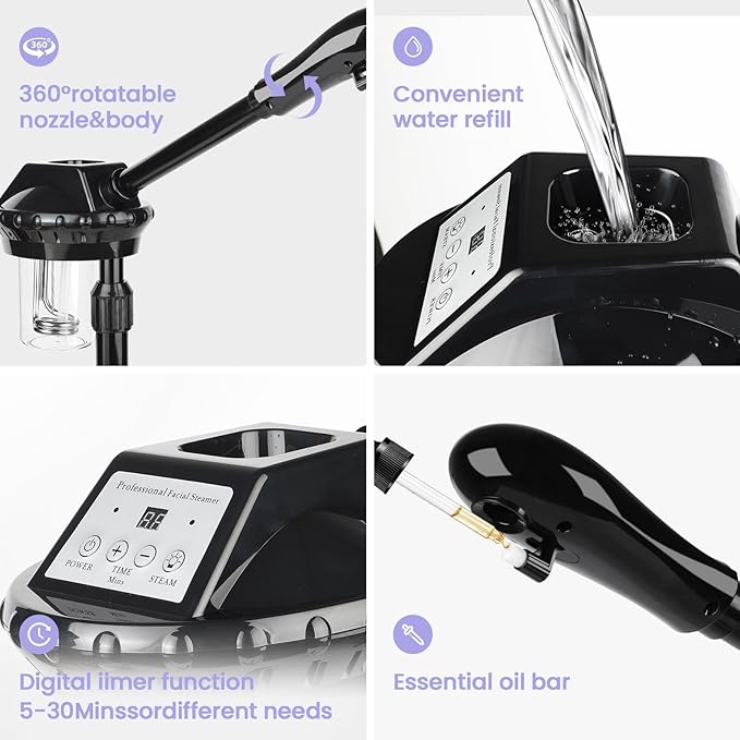 Professional Facial Steamer, Facial Steamer on Wheels, Face Steamer with Time Setting, Stand Face Steamer Adjustable Height for Spa, Salon and at Home use-Velvo Beauty