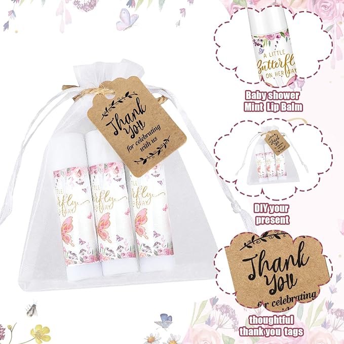 Demissle 50 Pcs Baby Shower Lip Balm Gift Set with 100 Pcs Organza Bags Baby Shower Party Favor for Guest Thank You Tag Rope Baby Shower Party Decoration Gender Reveal Souvenirs (Butterfly)-Velvo Beauty
