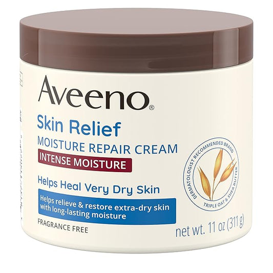 Aveeno Skin Relief Intense Moisture Repair Body Cream with Triple Oat & Shea Butter Formula, Helps Relieve & Restore Extra-Dry Skin with Long-Lasting Moisture, Fragrance-Free, 11 oz-Velvo Beauty