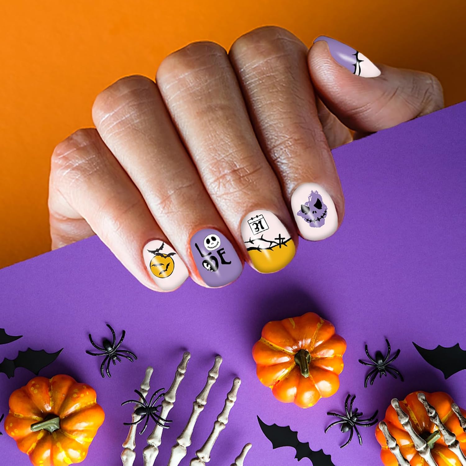 12 Sheets Halloween Nail Wraps Stickers, Nail Polish Strips DIY Self-Adhesive Full Glitter Nail Art Decals Pumpkin Bat Ghost Spider Skull Pattern with 2 Piece Nail Files for Party Decor (168 Pieces)-Velvo Beauty