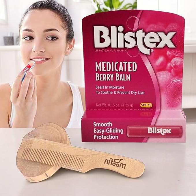 Blistex Medicated Lip Balm Medicated Lip Balm SPF15, 0.15 oz - Berry Flavor, Soothing Balm Stick Bundle with Moofin Wooden Comb - Sun Protection Medicated Lip Balm for Dry Cracked Lips, Chapped Lips-Velvo Beauty