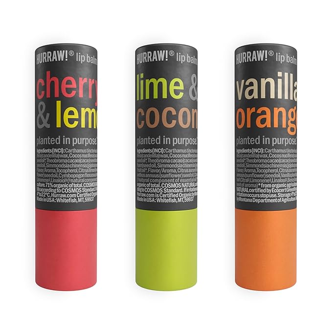 Hurraw! Cherry Lemon, Lime Coconut, and Vanilla Orange Lip Balm 3 Pack Bundle: Plastic-Free with new cardboard push-up tube. Certified Organic, Natural & Vegan. Bee, Shea, Soy & Palm Free. Made in USA-Velvo Beauty