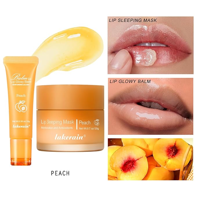 2Pcs Lip Glowy Balm and Lip Sleeping Mask Set, with 4 Flavor Options - Reduce Lip Lines, Enhance Lip Color, Hydrate & Plump Dry Chapped Lips Care (Peach)-Velvo Beauty