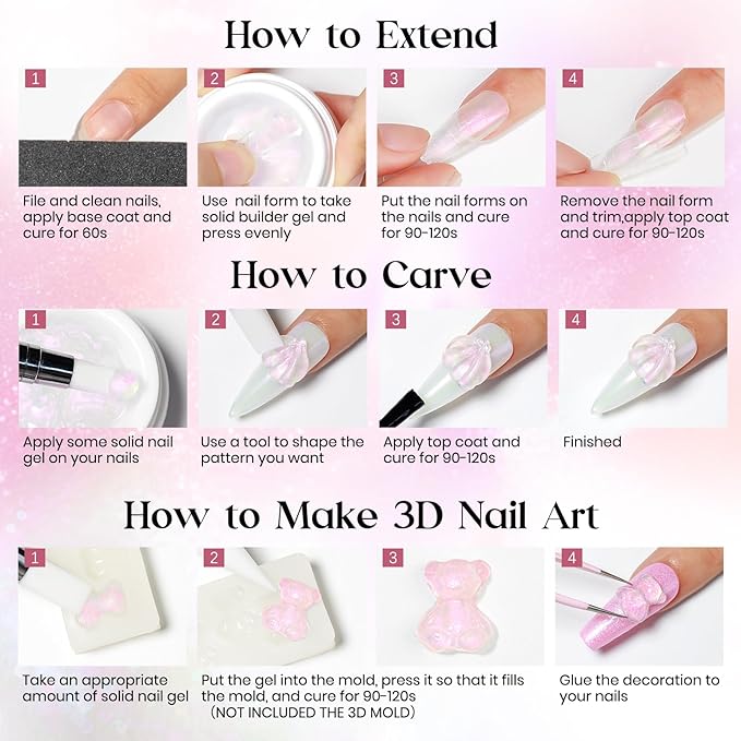 MIZHSE Solid Builder Gel, Aurora Pink & Clear Sculpting Gel for Nails, Non-Sticky 3D Nail Art Mermaid Pearl Building Carving Modeling Sculpture Hard Extension Manicure Salon Home DIY-Velvo Beauty