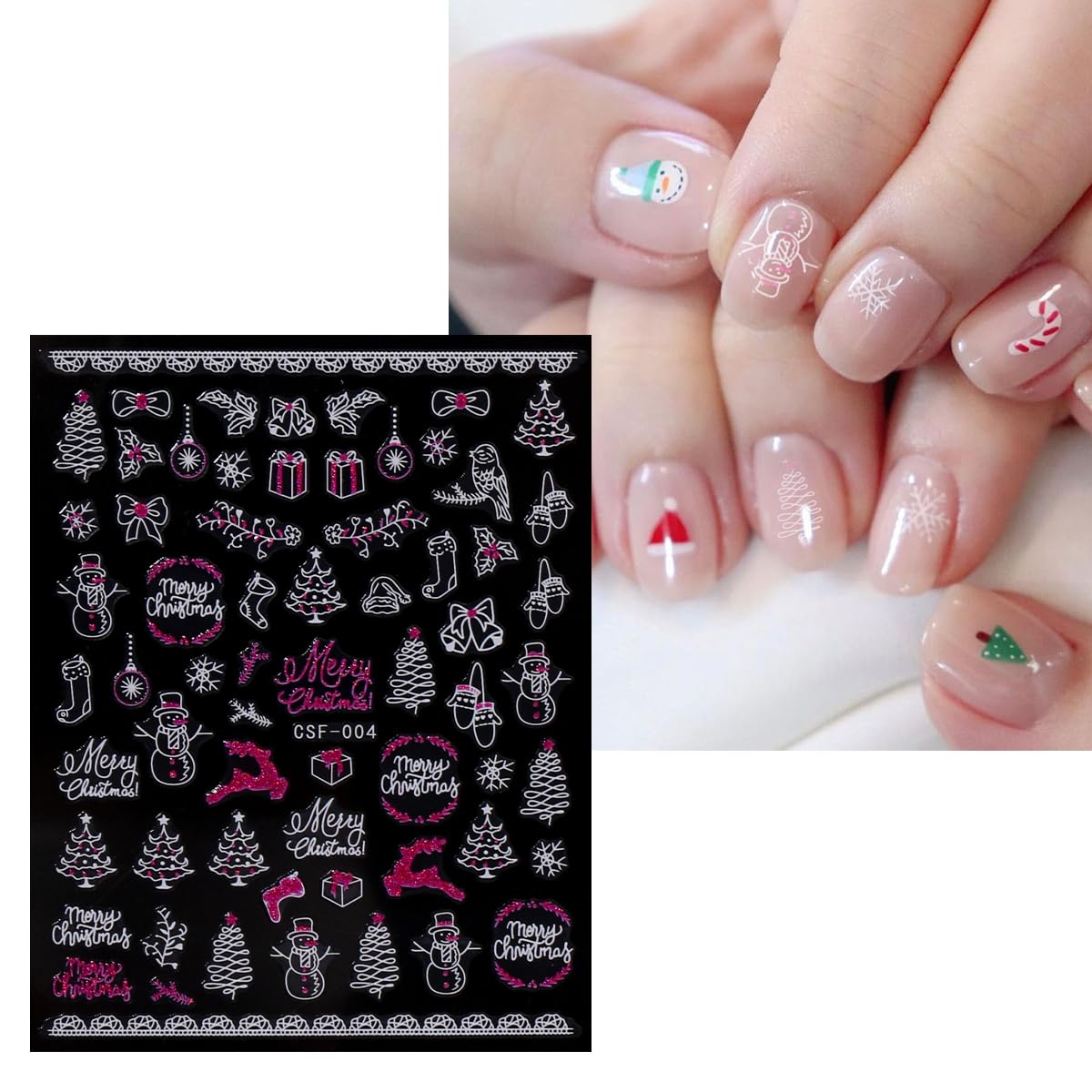 JMEOWIO 9 Sheets Christmas Pink Glitter Nail Art Stickers Decals Self-Adhesive Snowflake Winter Holiday Nail Supplies Nail Art Design Decoration Accessories-Velvo Beauty