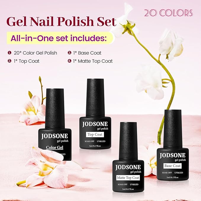 JODSONE 23 PCS Gel Polish Kit Colorful Fashion Classic Nail Gel Set 3 Bottles of Base Coat Matte and Glossy Top Coat-Velvo Beauty