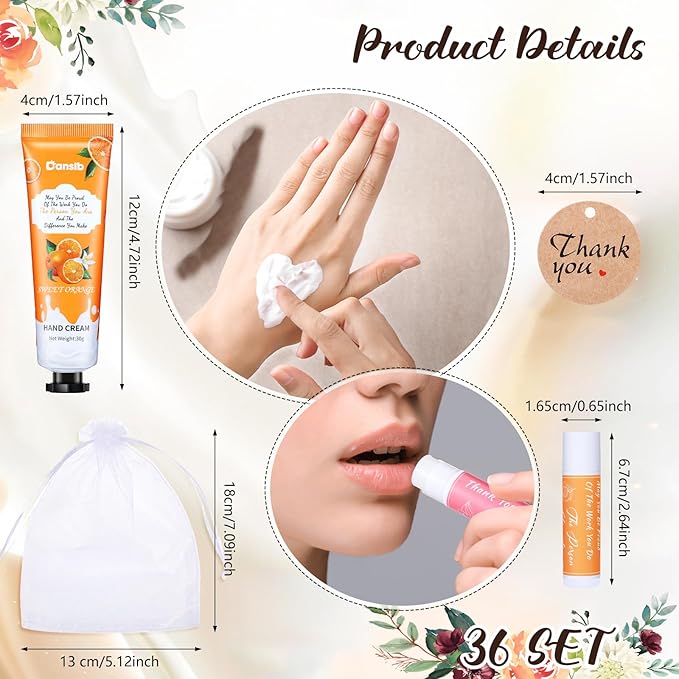 36 Set Thank You Gifts for Employee Hand Cream and Lip Balm Bulk Set with Organza Bag Thank You Card Hand Lotion Appreciation Gift Set for Women Men Coworkers Volunteer-Velvo Beauty