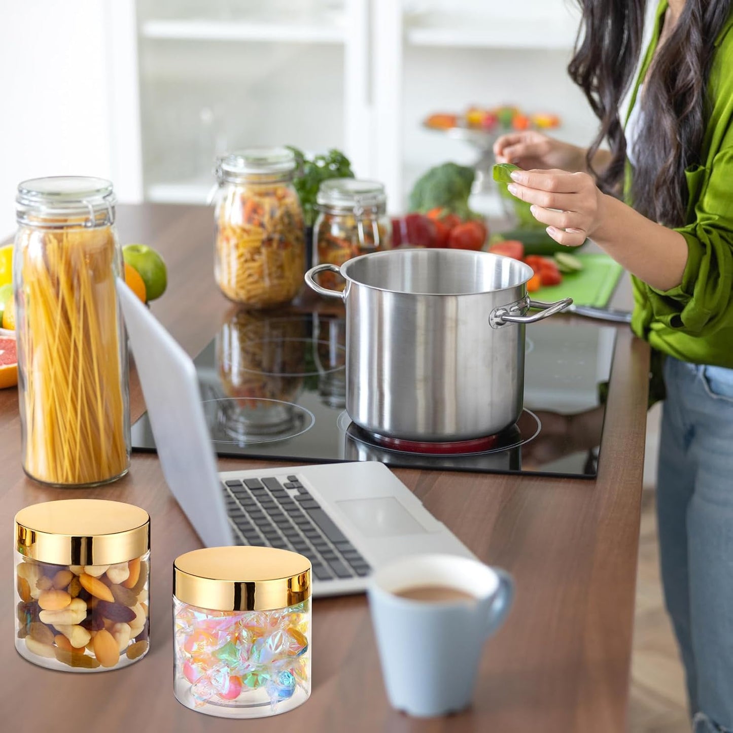 SATINIOR 100 Pcs Plastic Jars with Lids Small Containers Lids Wide Mouth Small Plastic Containers for Lotion Cream Rhinestones Body Butters Travel Storage(8 oz,Gold)-Velvo Beauty