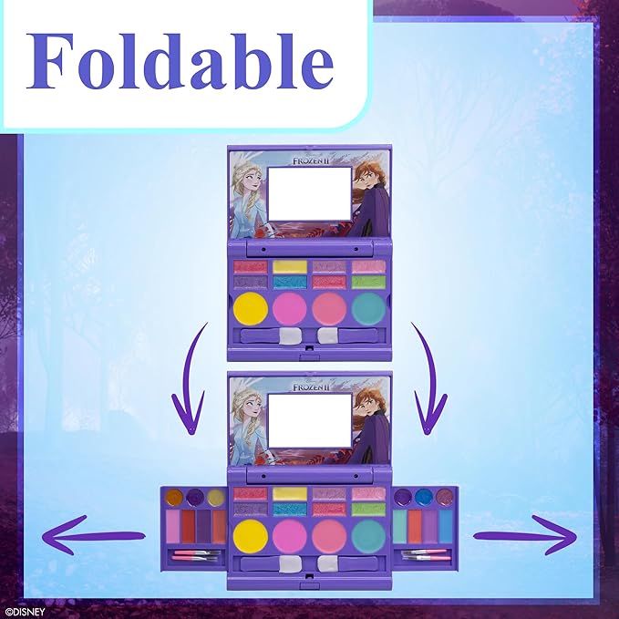 Disney Frozen Elsa Anna Cosmetic Compact Set with Mirror 22 lip glosses, 4 Body Shines, 6 Brushes Colorful Portable Foldable Washable Makeup Beauty Kit Box Set for Girls Kids Toddler-Velvo Beauty