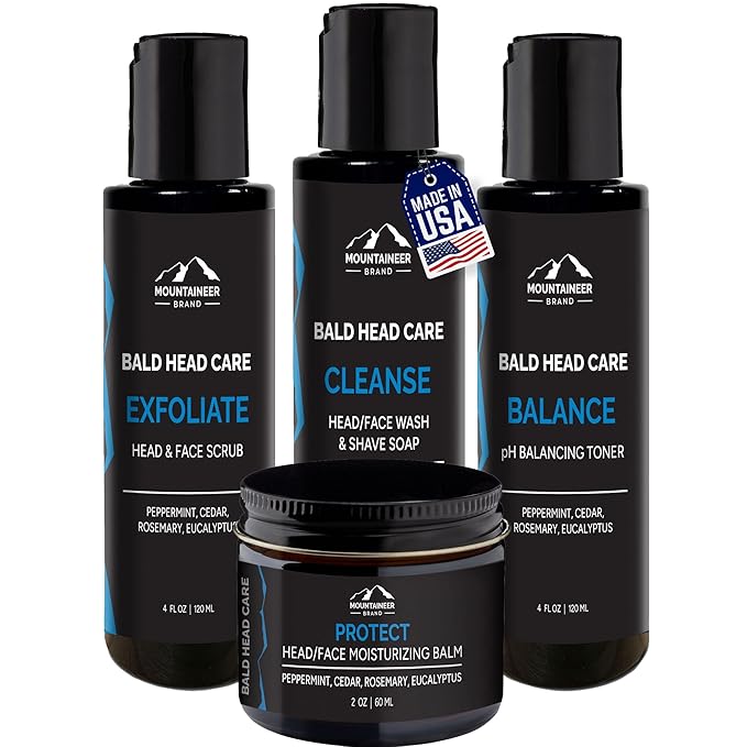 Mountaineer Brand Bald Head Care Gifts For Bald Men | All Natural 4 Step Daily Skin Care for Healthy Scalp & Face | Exfoliate Scrub | Cleanse Wash | Shine Away PH Balance | Protect Moisturizing Balm-Velvo Beauty