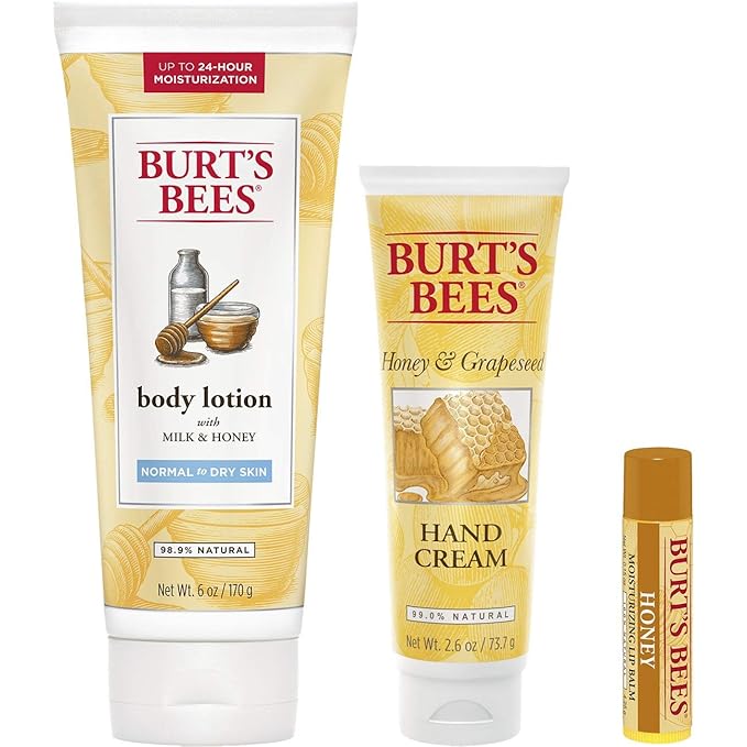 Burt's Bees Honey Pot Gift Set, 3 Honey Skin Care Products - Milk & Honey Body Lotion, Honey & Grapeseed Hand Cream and Honey Lip Balm-Velvo Beauty