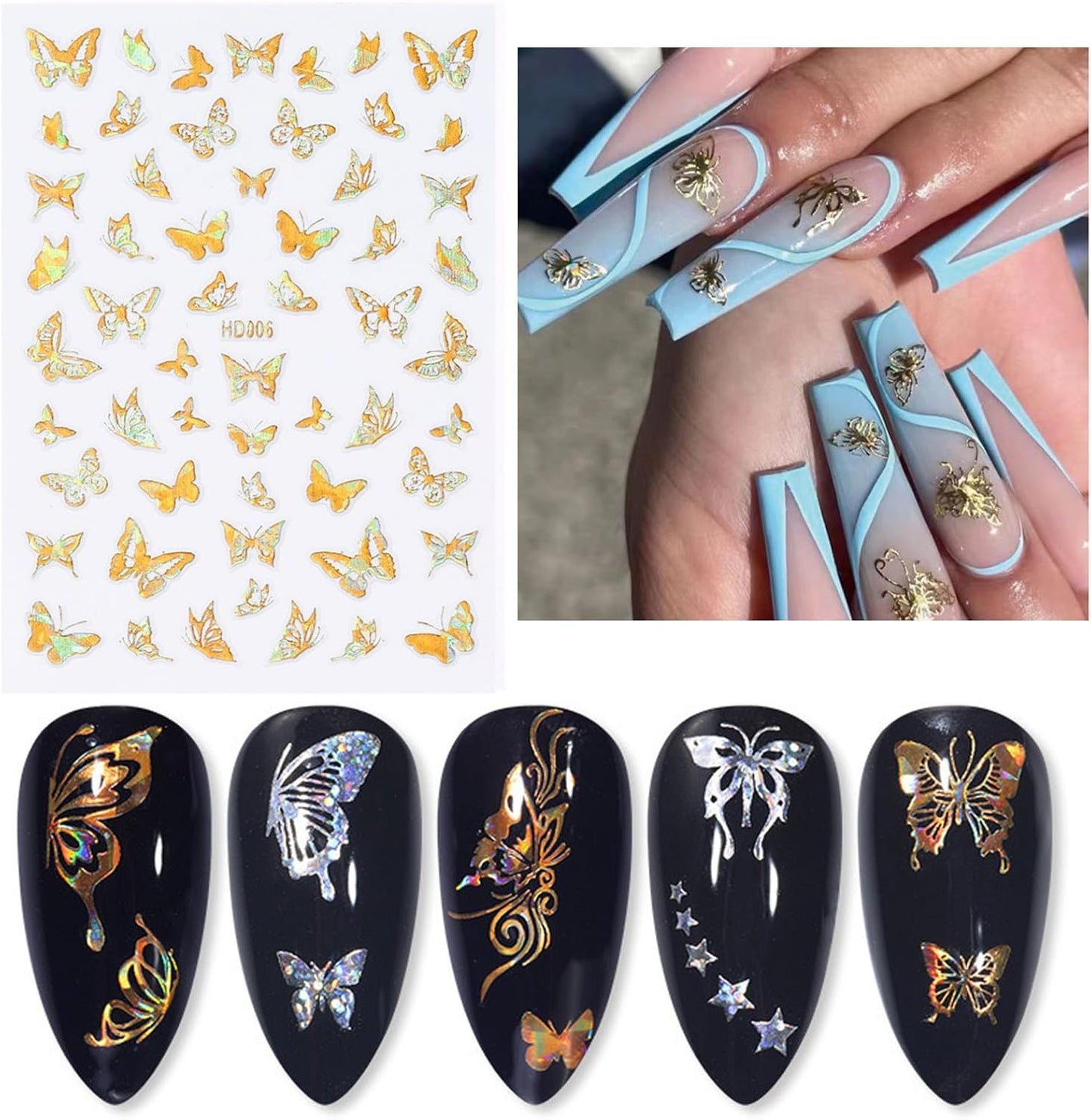 16 Sheets Butterfly Nail Art Stickers Decals 3D Self-Adhesive Gold Metallic Butterfly Nail Stickers Holographic Butterflies Design Nail Art Supplies for Women Acrylic Nail Art Decoration Accessories-Velvo Beauty