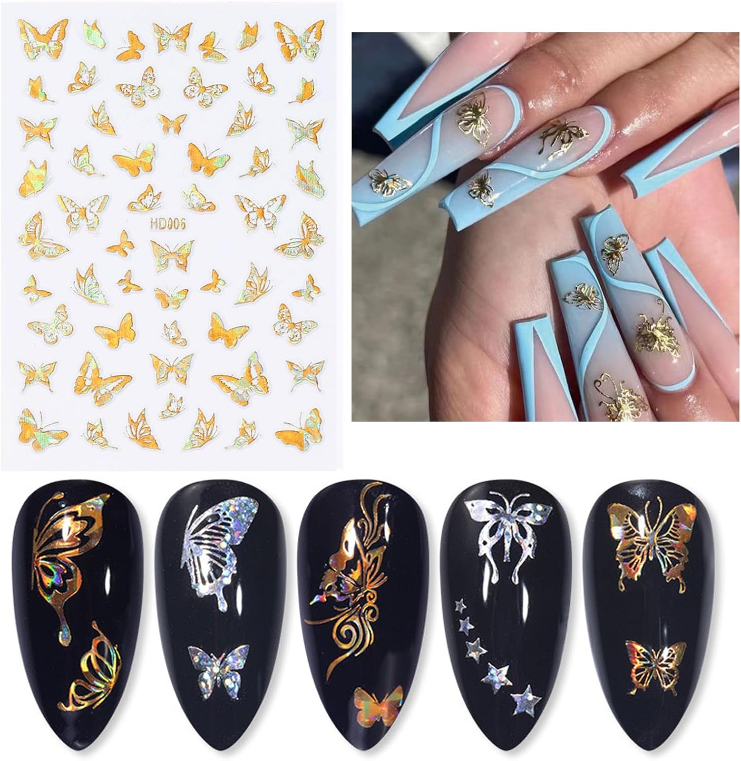16 Sheets Butterfly Nail Art Stickers Decals 3D Self-Adhesive Gold Metallic Butterfly Nail Stickers Holographic Butterflies Design Nail Art Supplies for Women Acrylic Nail Art Decoration Accessories-Velvo Beauty