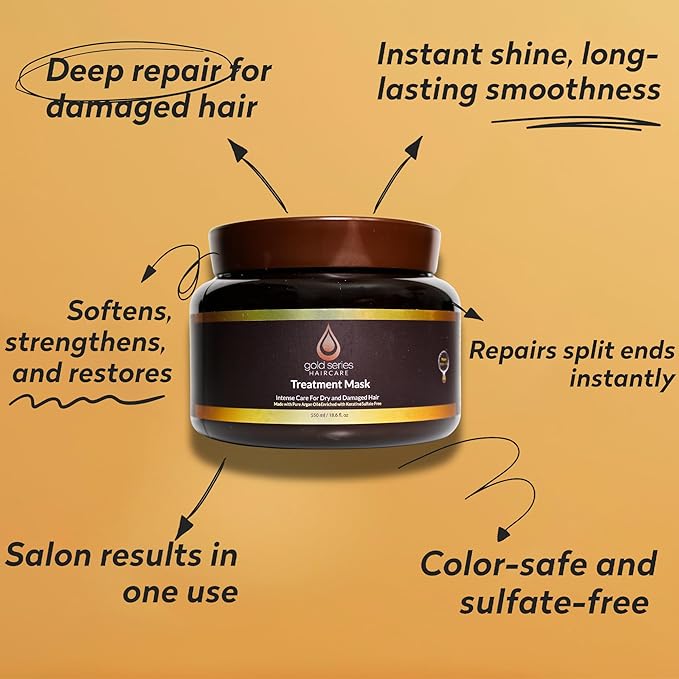 Gold Series Treatment Mask – Deep Hydrating Argan Oil Hair Mask for Dry Damaged, Color Treated and Curly Hair Enriched with Keratin – Sulfate Free Natural Hair Repair Treatment, 18.6oz-Velvo Beauty
