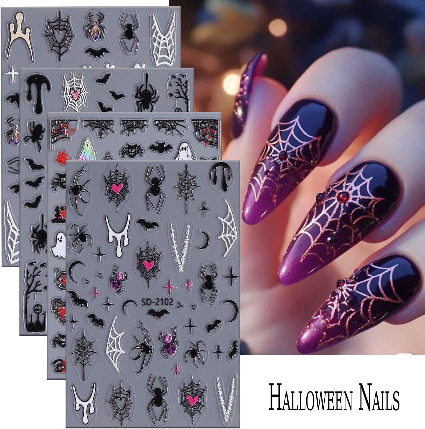6 Sheets Halloween Nail Art Stickers 3D Self -Adhesive Ghost Bat Spider Nail Decals Holographic Spider Web Skeleton Blood Drop Nail Stickers Halloween Nail Decoration for Women Manicure Supplies-Velvo Beauty