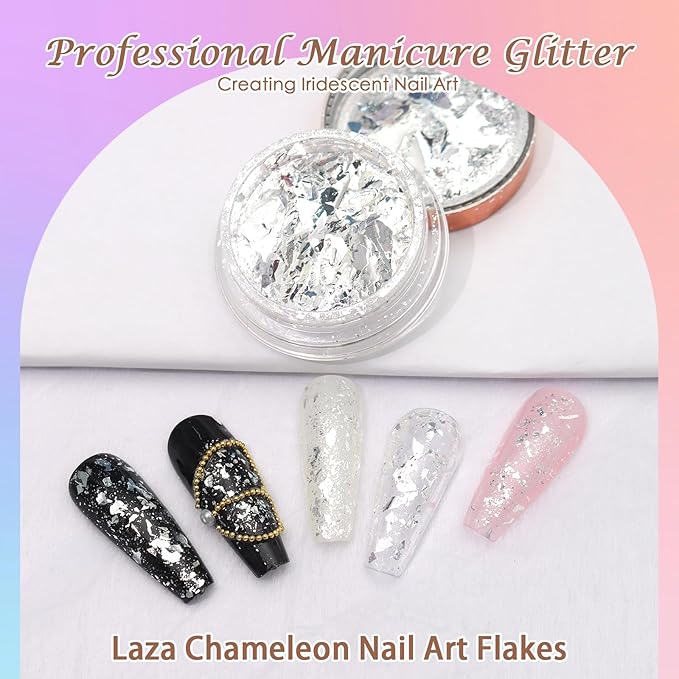 Laza Silver White Pearlescent Nail Flakes Glitter Irregular Opal Nail Foil Flakes Chunky Confetti Moonlight Chrome Sequins Aurora Fairy Dust for Mermaid Nails Design, Nail Decorations for Nail Art-Velvo Beauty