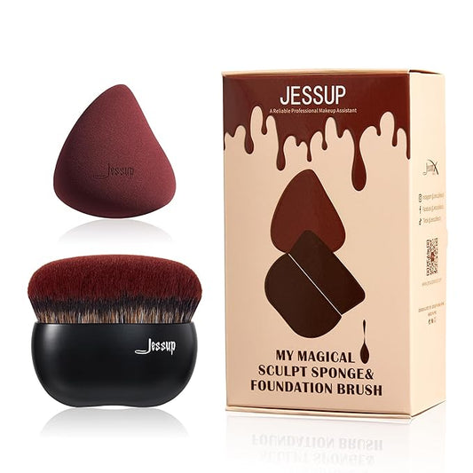 Jessup Foundation Brush with Makeup Sponge, Black Makeup Brush Flat Top Kabuki Brush for Liquid Blending Stippling, T881-Velvo Beauty