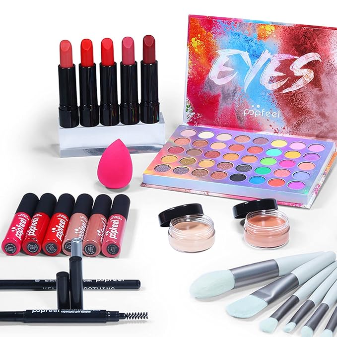 Makeup Kit for Women Full Kit, with Professional Make Up Bag Eyeshadow Red Lipstick, Powder Brush, Concealer, Glitter Lip Gloss, Waterproof Mascara, Eyebrow Pencil, Birthday Gift for Mom Sister-Velvo Beauty