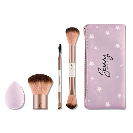 Sassy by Savannah Chrisley Sassy Brush Kit - Beauty Tool Kit for Women - All-in-One Beauty for Eyes and Face - Brush Kit Great for Makeup Application - Kit Includes Reusable Zipper Pouch - 4 Pc-Velvo Beauty