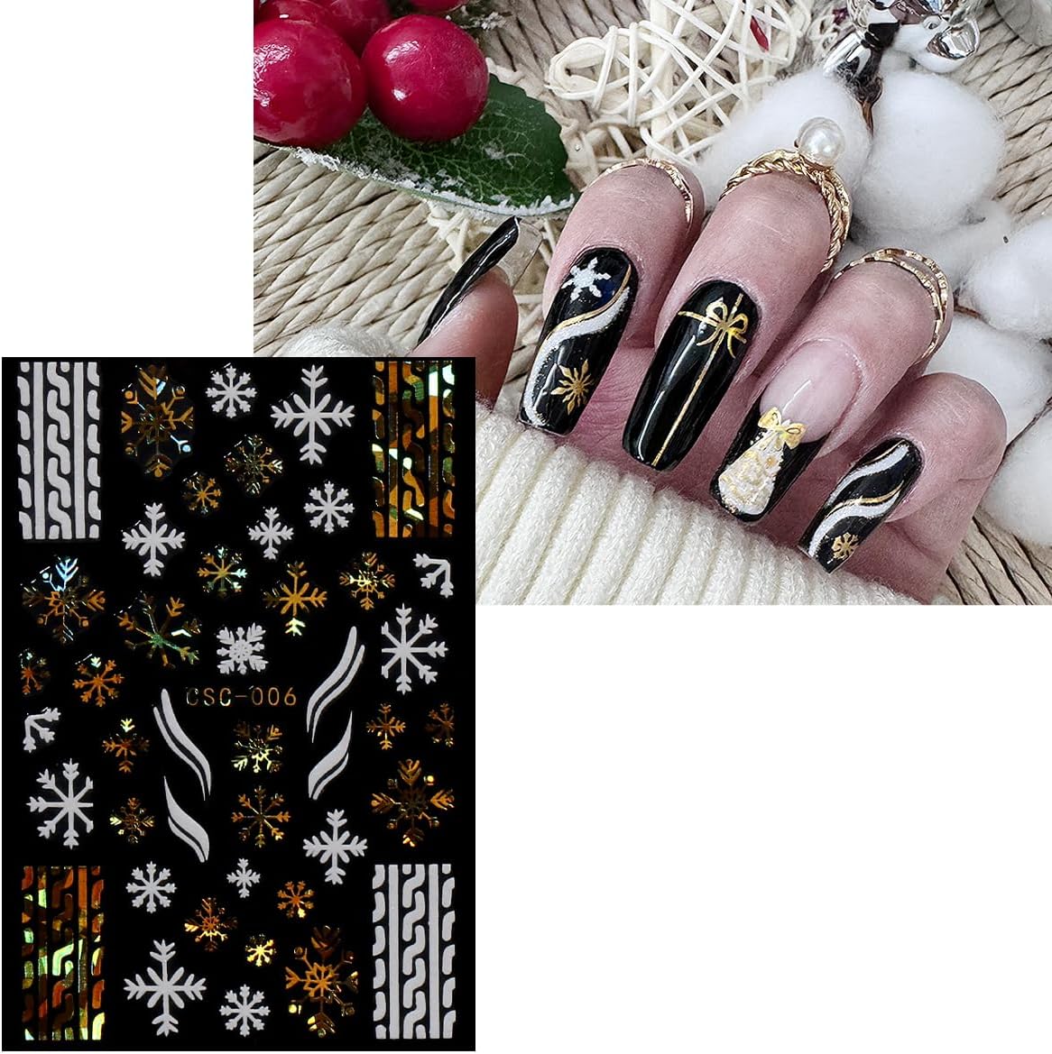 JMEOWIO 8 Sheets Christmas White Glitter Gold Nail Art Stickers Decals Self-Adhesive Snowflake Winter Holiday Nail Supplies Nail Art Design Decoration Accessories-Velvo Beauty