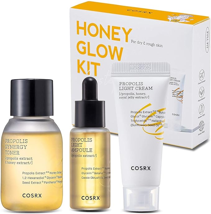 COSRX Honey Glow Kit | Facial Toner, Serum, Cream with Propolis Extract | Deep Moisture, Hydration, Nourishment | Travel Size Set, Gift Set, Korean Skincare, Not Tested on Animals, Paraben Free-Velvo Beauty