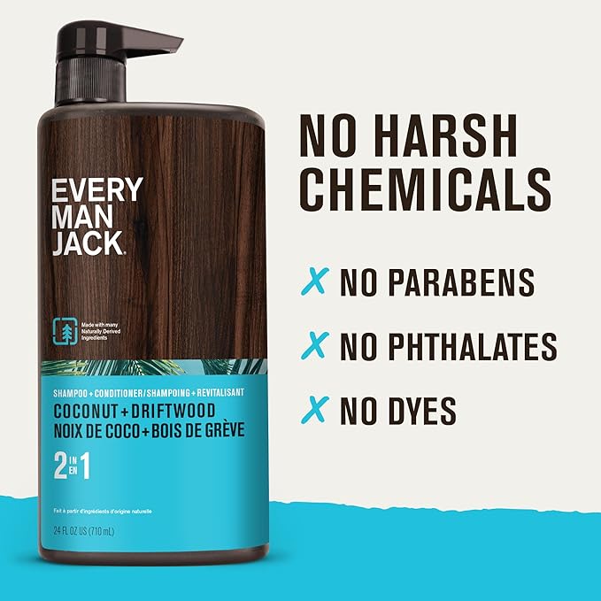 Every Man Jack 2-in-1 Daily Shampoo + Conditioner - Coconut & Driftwood | Nourishing For All Hair Types, Naturally Derived, Cruelty-Free Shampoo and Conditioner Set for Men | 24oz -1 Bottle-Velvo Beauty