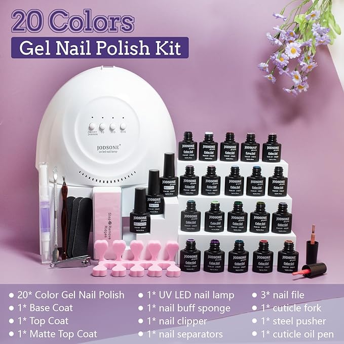 JODSONE 20 Colors Gel Nail Polish Kit with U V Light Base Top Matte Coat High Shine Vibrant Nail Gel Equipped with Manicure Tools-Velvo Beauty