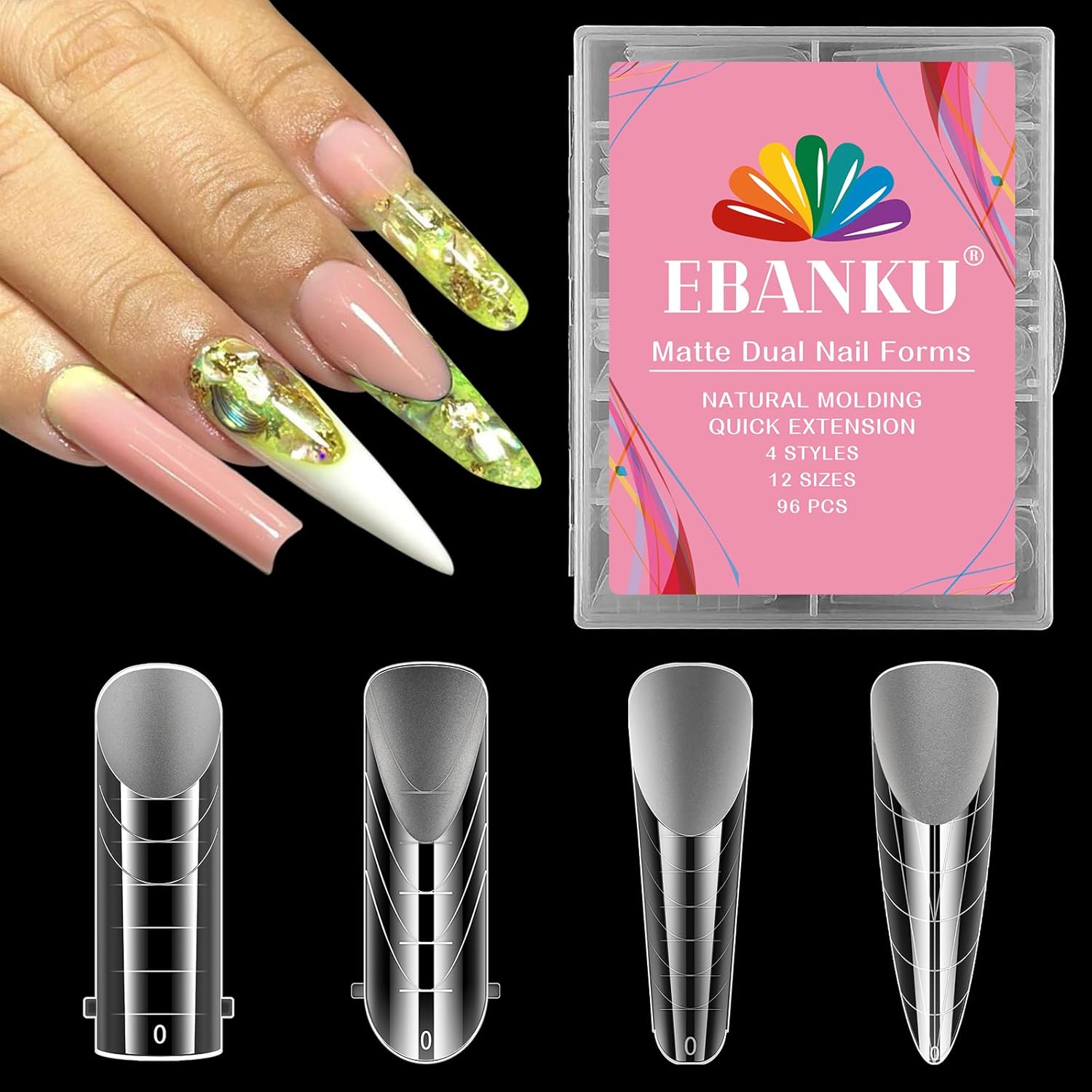 EBANKU Poly Gel Nail Forms 96PCS Clear Matte Dual Nail Forms Polygel Full Cover Nail Mold for Acrylic Nail Extension 12 Sizes 4 Styles Poly Gel Nail Art Salon Nails-Velvo Beauty