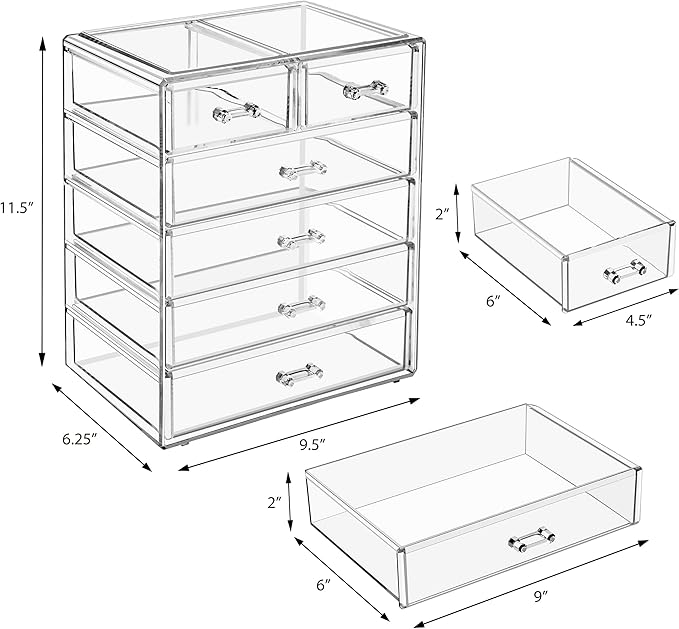 Sorbus Acrylic Makeup Organizer - Organization and Storage Case for Cosmetics Make Up & Jewelry - Big Clear Makeup Organizer for Vanity, Bathroom, College Dorm, Closet, Desk (4 Large, 2 Small Drawers)-Velvo Beauty