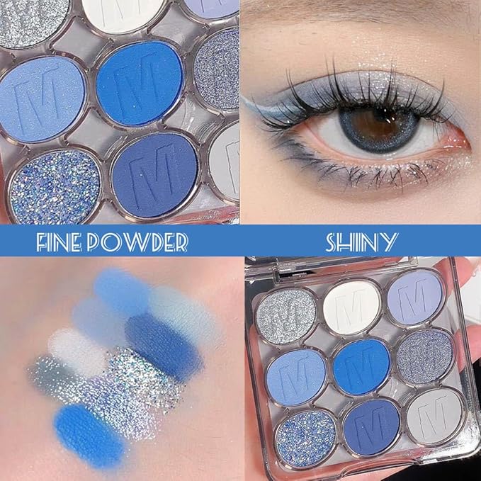 9 Colors Blue Silver Matte Shimmer Eyeshadow Palette for Eye Makeup,High Pigmented White Gray Eye Shadow Primers Powder Palet de sombras de ojos-Velvo Beauty