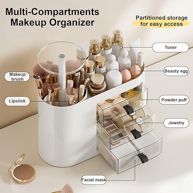 DASITON Makeup Organizer with 3 Drawers,Automatic Lifting Makeup Brush Holder with Lid,Large Capacity Makeup Organizers for Vanity,Bathroom Countertop,Ideal Storage Skin Care,Brushes,Lipstick (White)-Velvo Beauty
