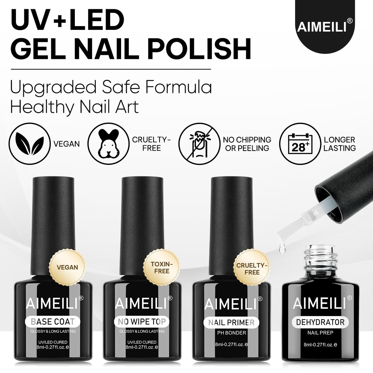 AIMEILI Gel Nail Polish 4pcs, Hema Free, Cruelty Free, Vegan, U V LED Nail Art - Base Coat, No Wipe Top Coat, Nail Dehydrator and Primer-Velvo Beauty