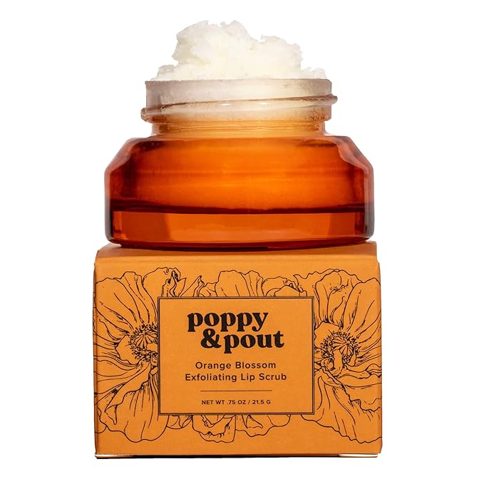Poppy & Pout Natural Lip Scrub, Moisturizing Sugar Scrub for Dry Lips, Lip Scrubber Exfoliator with Essential Oils Smooths and Hydrates Lips, In Recyclable Glass Jars, Cruelty Free - Orange Blossom-Velvo Beauty