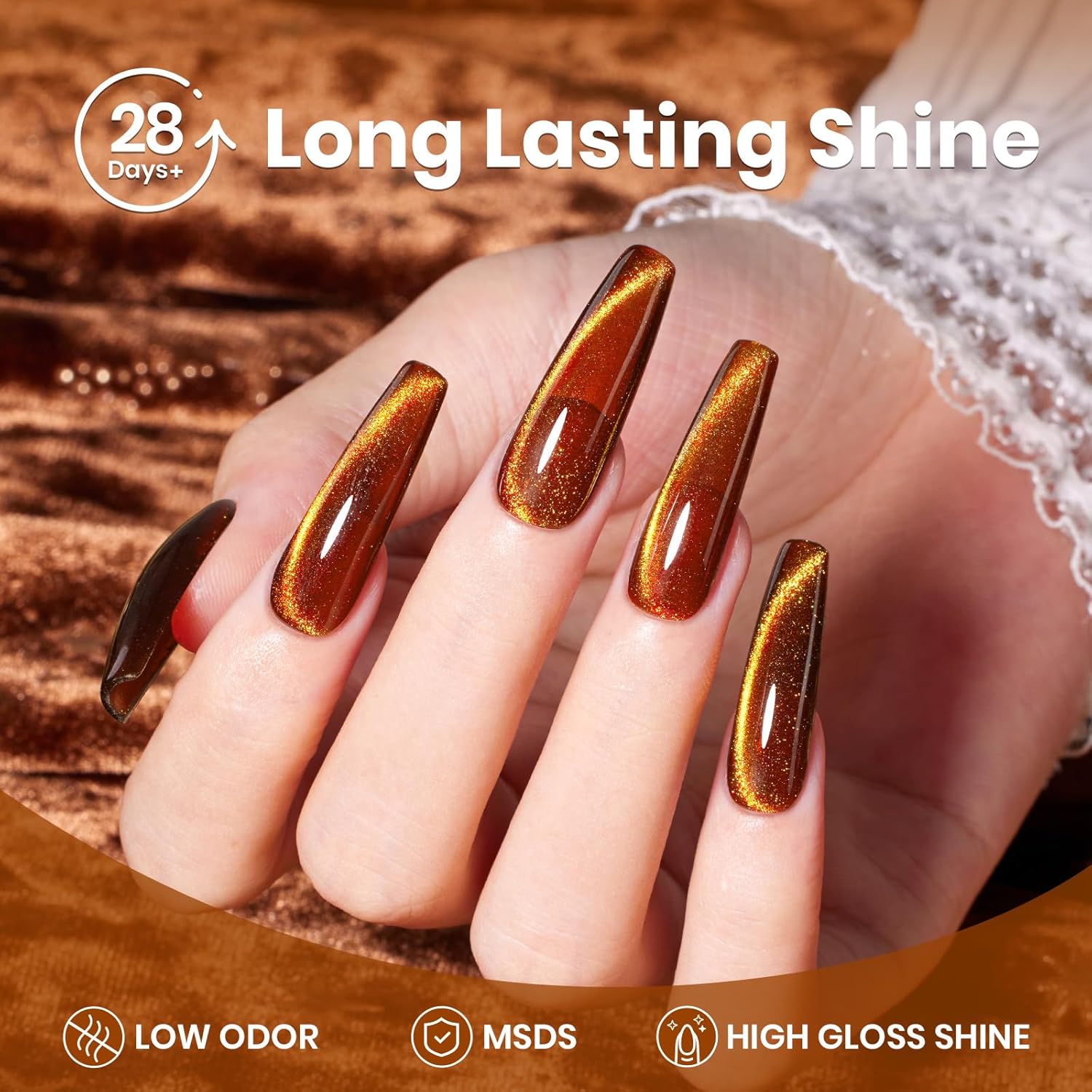 Beetles Brown Cat Eye Gel Nail Polish - Amber Glint Cat Eye Gel Polish, 15ML Fall Brown Gold Powder Magnetic Glitter Gel Polish Soak Off UV French Nail Art Salon DIY Manicure Gift for Women-Velvo Beauty