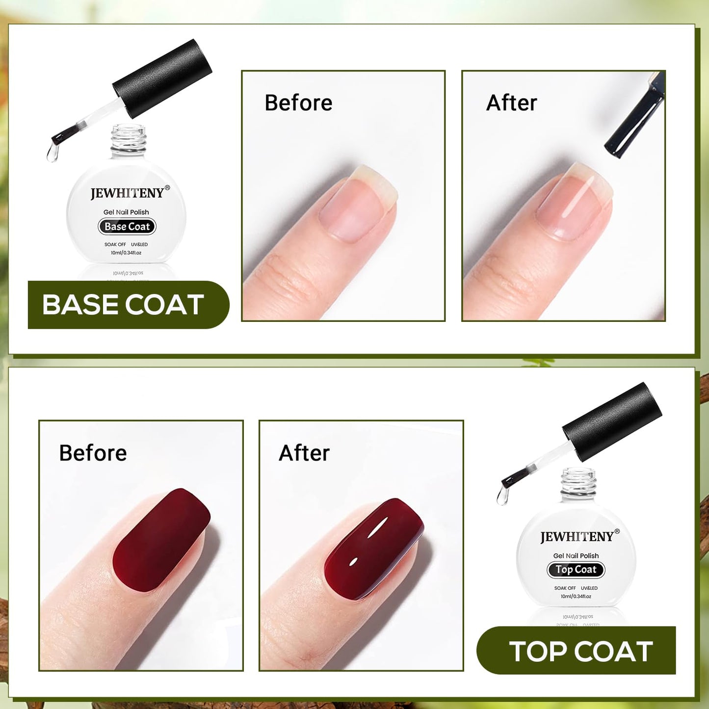 JEWHITENY 2 Bottles 10ML Gel Top Coat and Base Coat Set Gel Polish Long Lasting Glossy Shine Effect DIY Nail Art Design Need U V Lamp Curing-Velvo Beauty