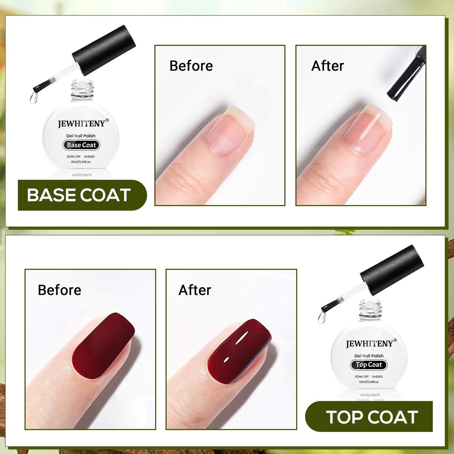 JEWHITENY 2 Bottles 10ML Gel Top Coat and Base Coat Set Gel Polish Long Lasting Glossy Shine Effect DIY Nail Art Design Need U V Lamp Curing-Velvo Beauty