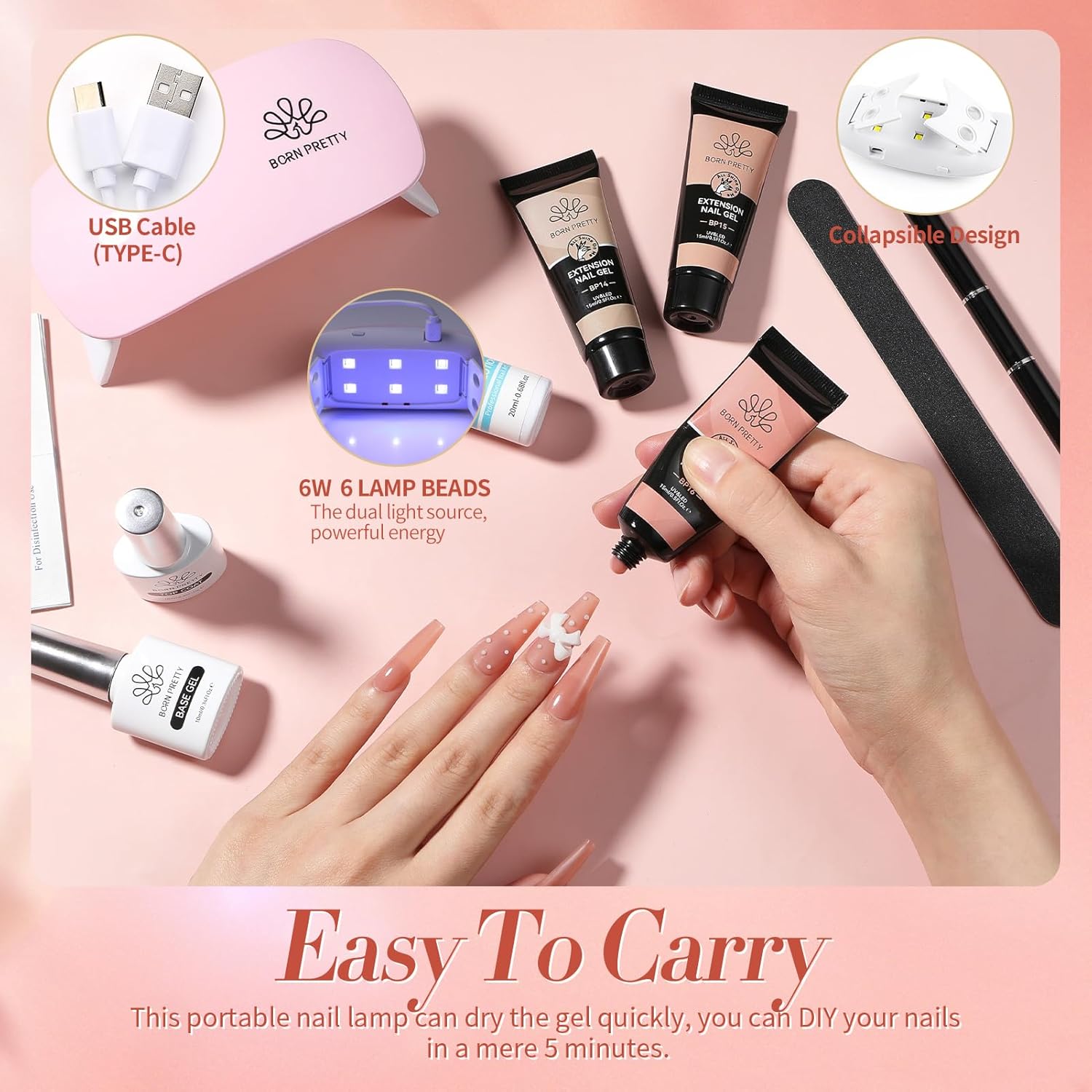 BORN PRETTY Extension Nail Gel Kit-6 Colors Gel Kit Nude Clear Jelly All-In-1 Set Builder Glue with U V Lamp Base Top Coat Set Forms French Manicure Set for Beginner-Velvo Beauty