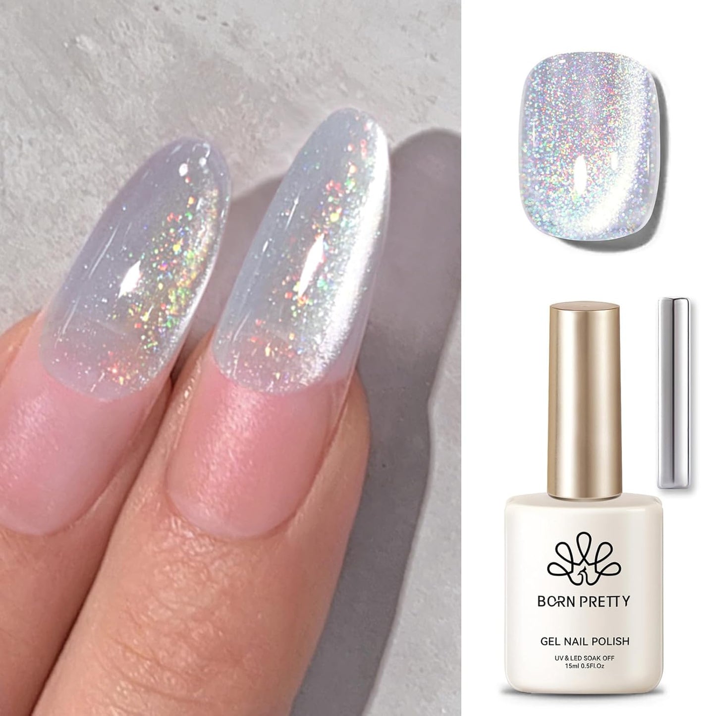 Born Pretty White Glitter Cat Magnetic Eye Gel Nail Polish, Holographic Glitter Iridescent Gel Nail Polish Soak Off Led Gel Nail Polish Nail Art Gel Manicure Salon DIY Gifts 15ML-Velvo Beauty
